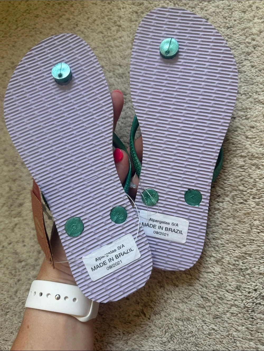 Havaianas Kids Purple Flip Flops with Green Straps - Ariel Design